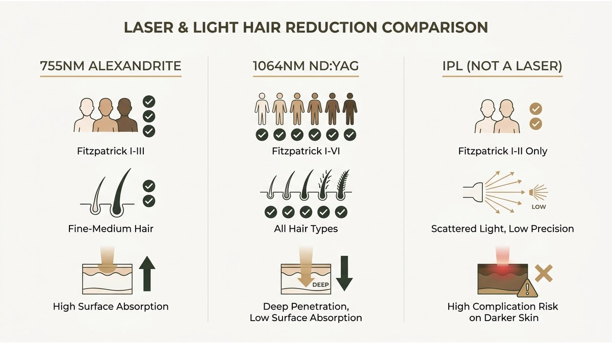 Comparison chart showing wavelength capabilities: 755nm vs 1064nm vs IPL, with skin tone compatibility and precision ratings