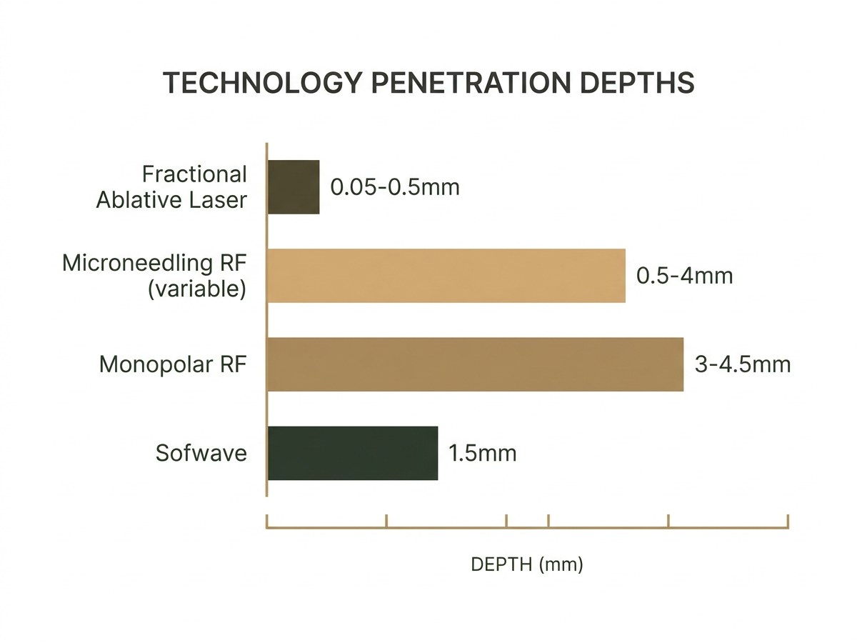 Comparison chart showing treatment depth ranges for Sofwave, monopolar RF, microneedling RF, and fractional lasers on a vertical millimeter scale from 0mm (surface) to 5mm (deep tissue)