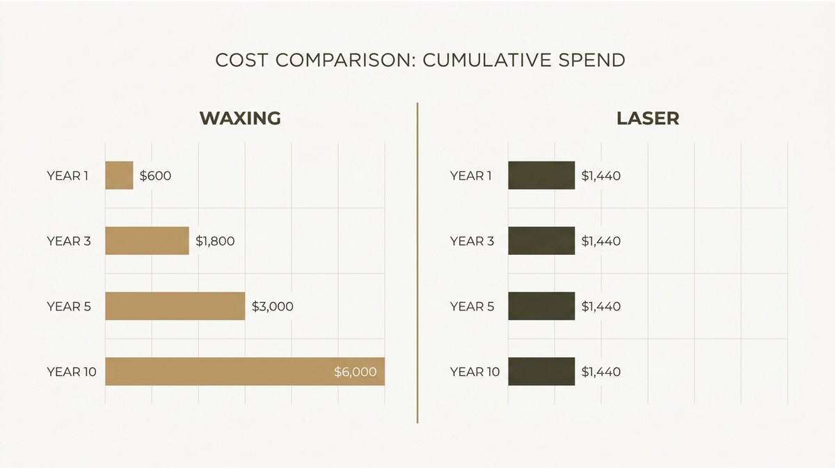Comparison table showing cumulative costs of waxing vs laser over 10 years