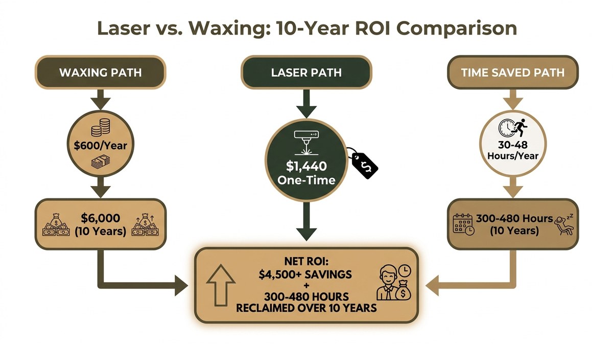 Diagram showing ROI calculation with three paths: waxing cost, laser cost, and time saved