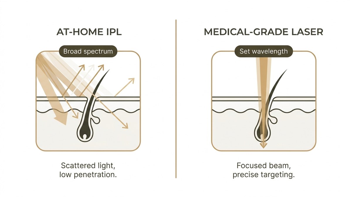 Side-by-side comparison of broad-spectrum IPL light versus a single targeted laser wavelength