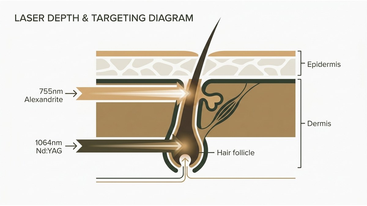 Comparison of how 755nm Alexandrite and 1064nm Nd:YAG wavelengths reach the hair follicle at different skin depths