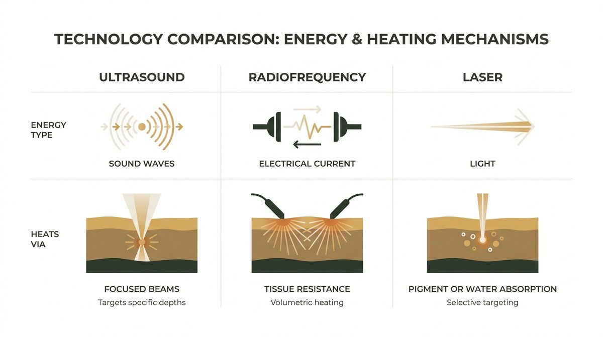Three-column comparison of ultrasound, radiofrequency, and laser energy types for skin tightening