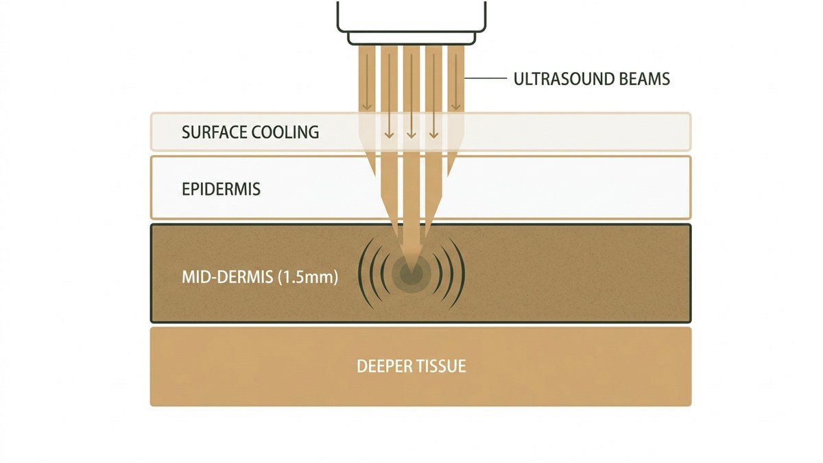 Cross-section diagram of skin layers showing ultrasound beams reaching the mid-dermis at 1.5mm