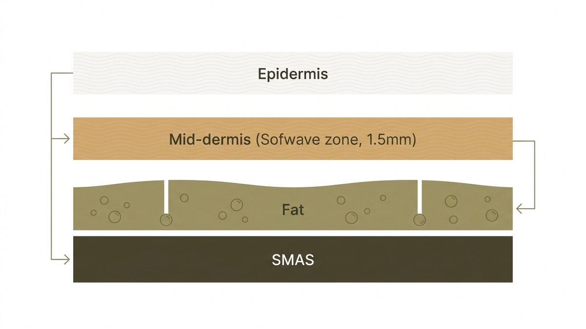 Cross-section diagram of skin layers showing epidermis, dermis, fat and SMAS with the mid-dermis target zone marked