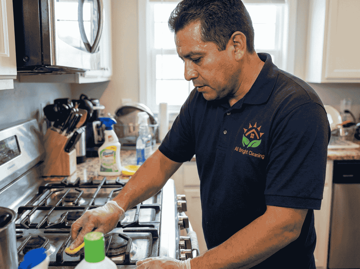 Technician detailing a kitchen stovetop