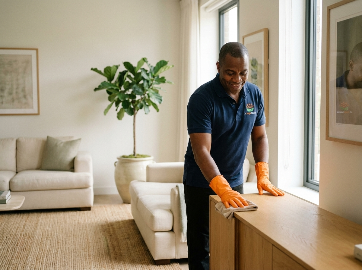 Cleaner dusting a wall-mounted television in a living room