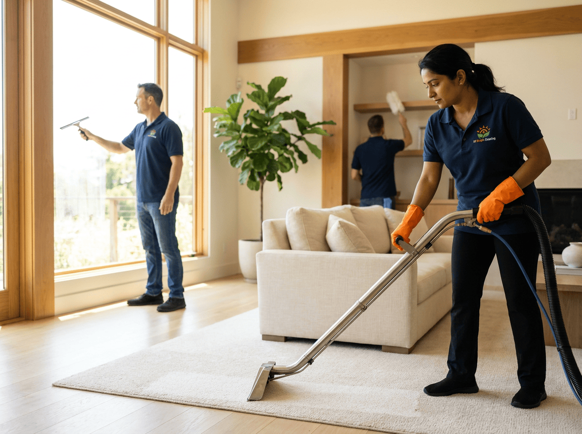 All Bright technicians cleaning carpet and windows in a San Jose living room