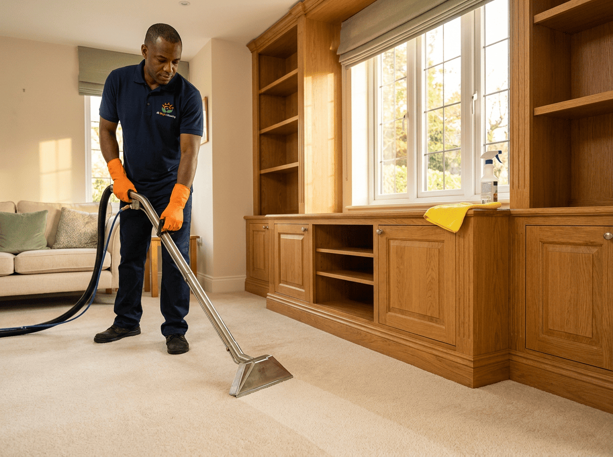 Deep cleaning of interior living surfaces alongside carpet treatment