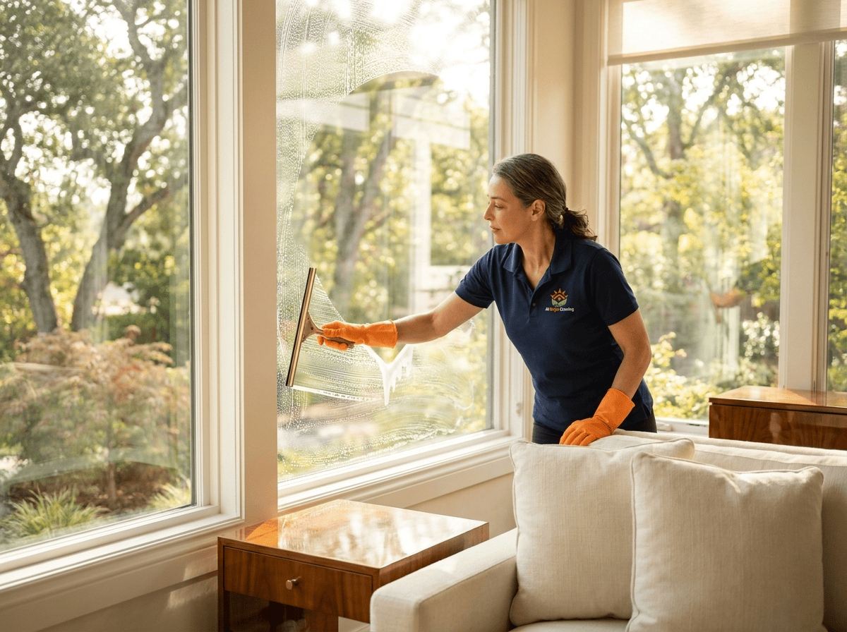 All Bright technician squeegeeing an interior window clean