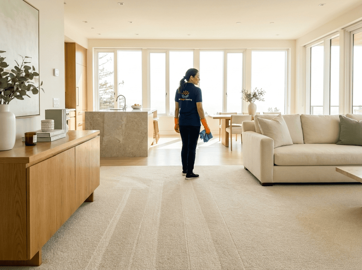 Technician finishing a move-out clean in an empty open-plan home