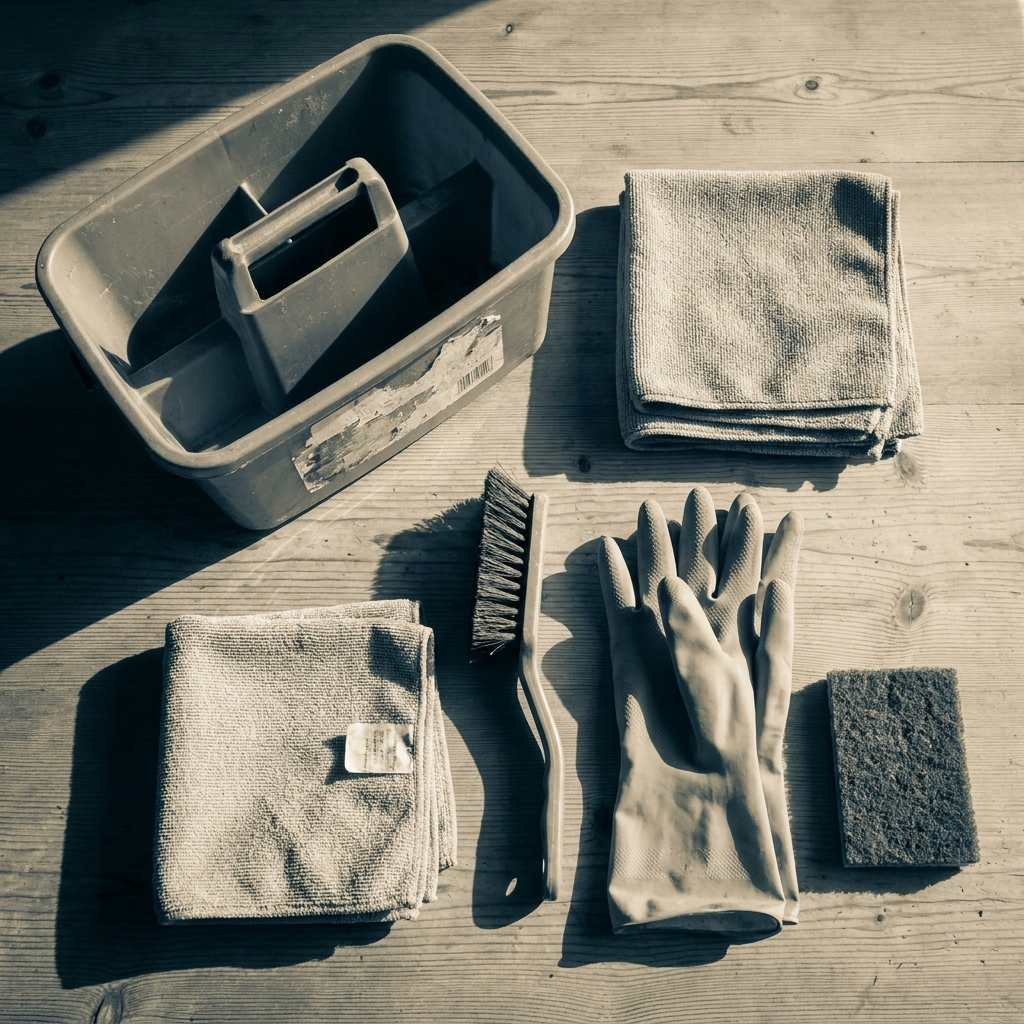 An All Bright cleaner's kit laid out — caddy, microfibre cloths, detail brush, gloves and a scrubbing pad
