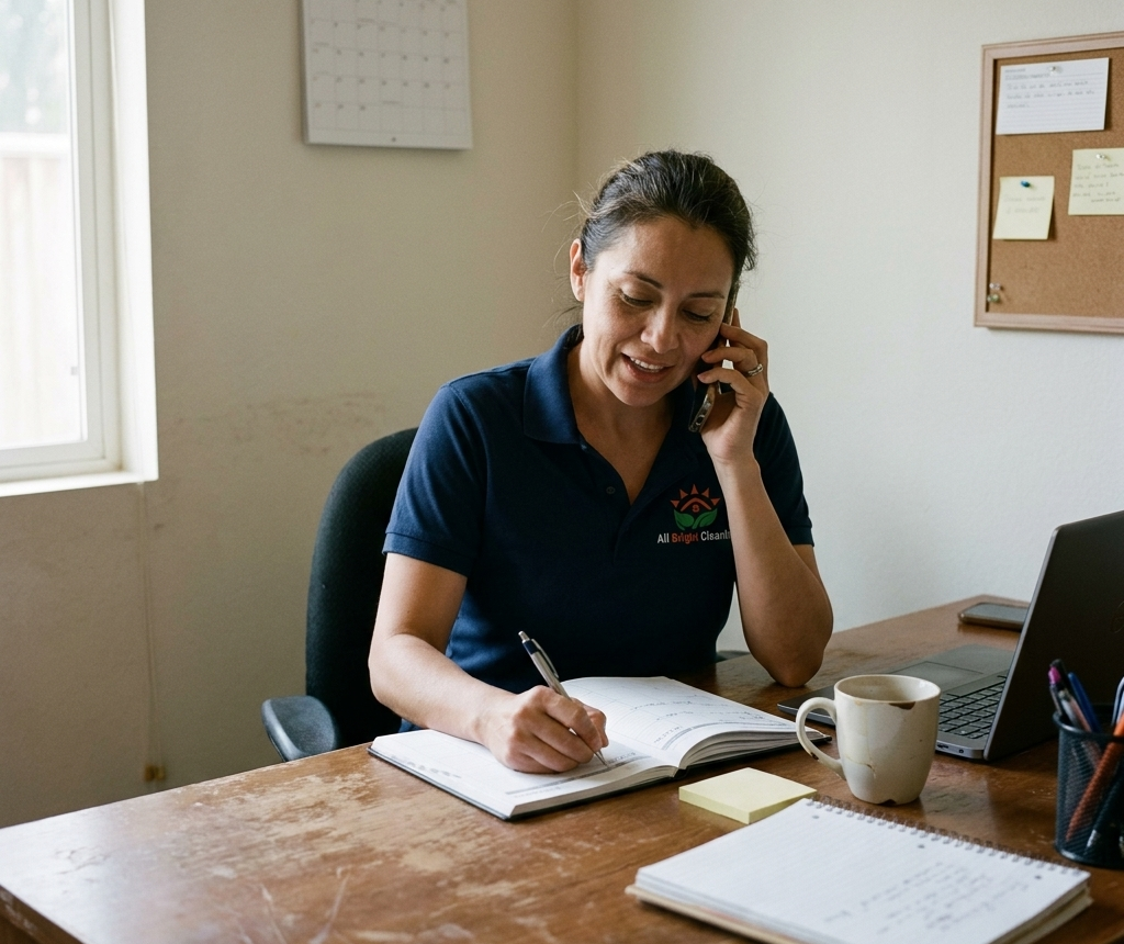 An All Bright Cleaning team member taking a booking call at the office desk