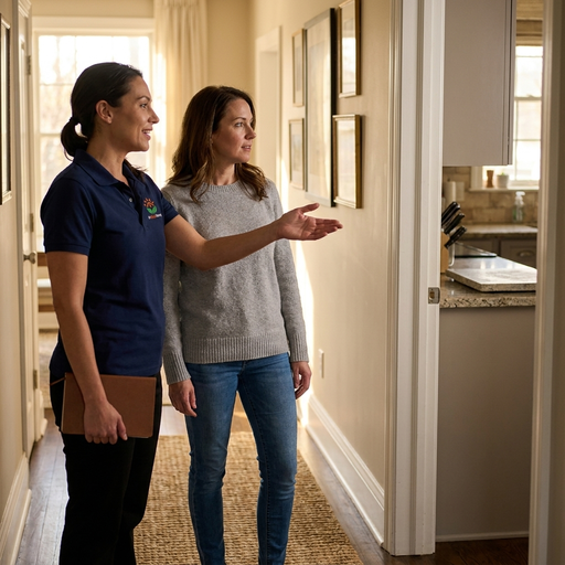 An All Bright professional walking a homeowner through her rooms to set the rotating care plan