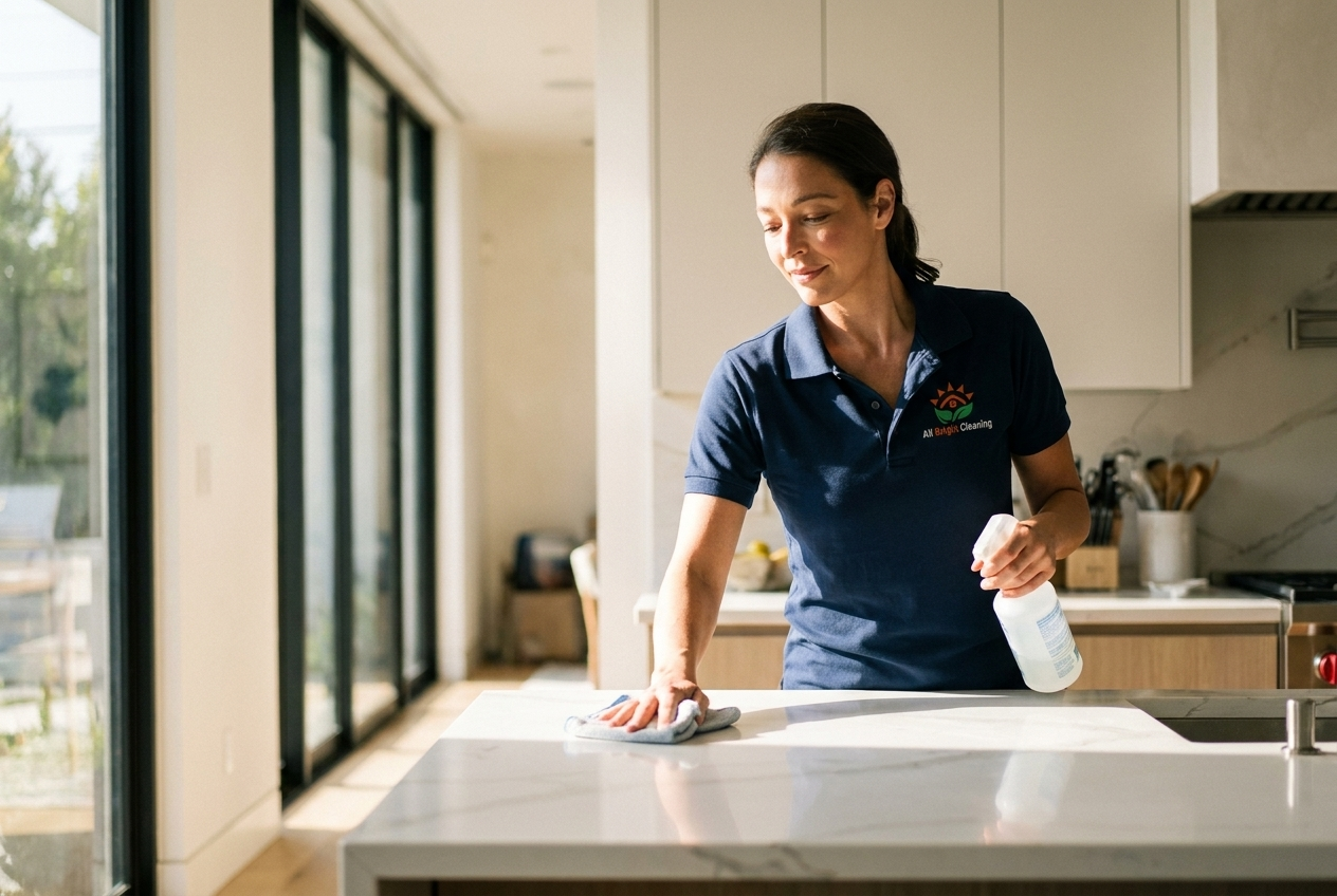 All Bright cleaner working in a bright Saratoga kitchen
