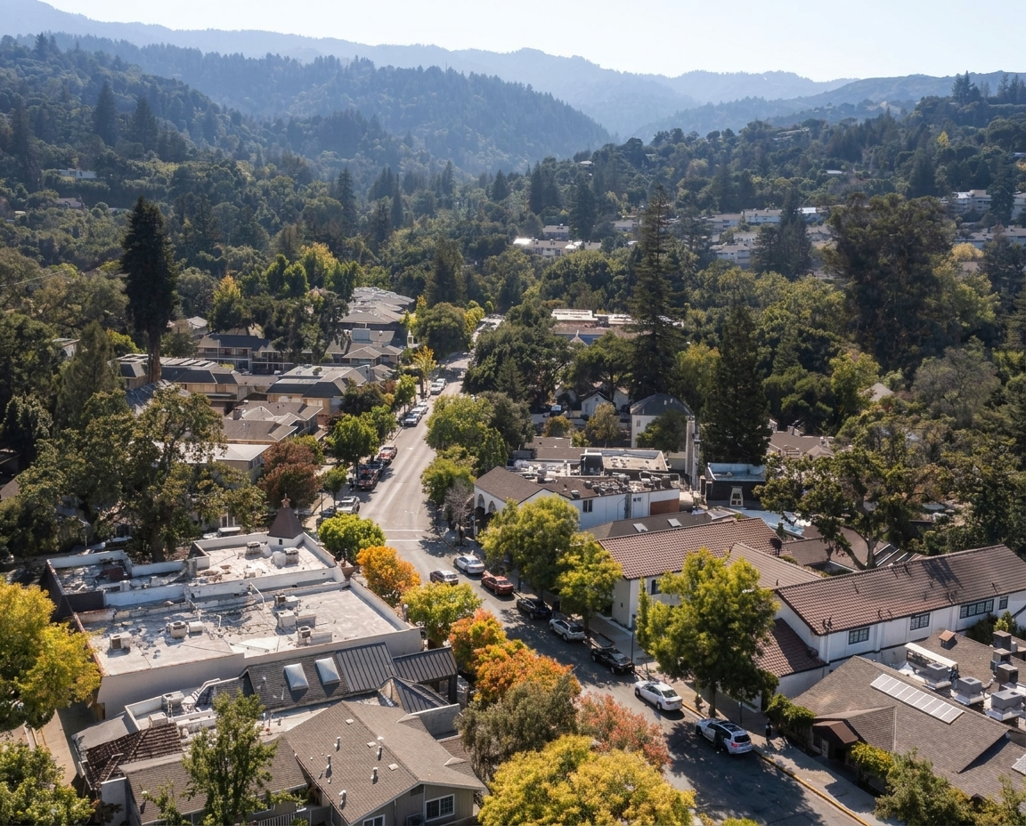 Aerial view of Saratoga, California, its tree-lined village street framed by the wooded Santa Cruz Mountain foothills