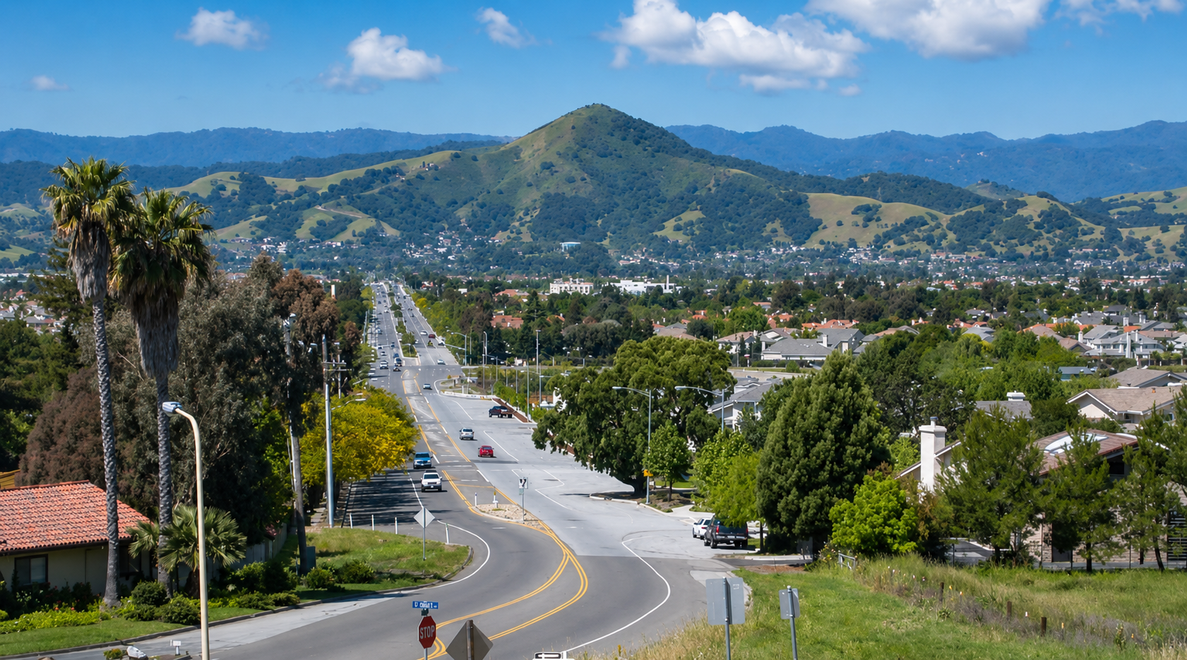 View across Morgan Hill, California, toward the El Toro peak and the surrounding valley hills
