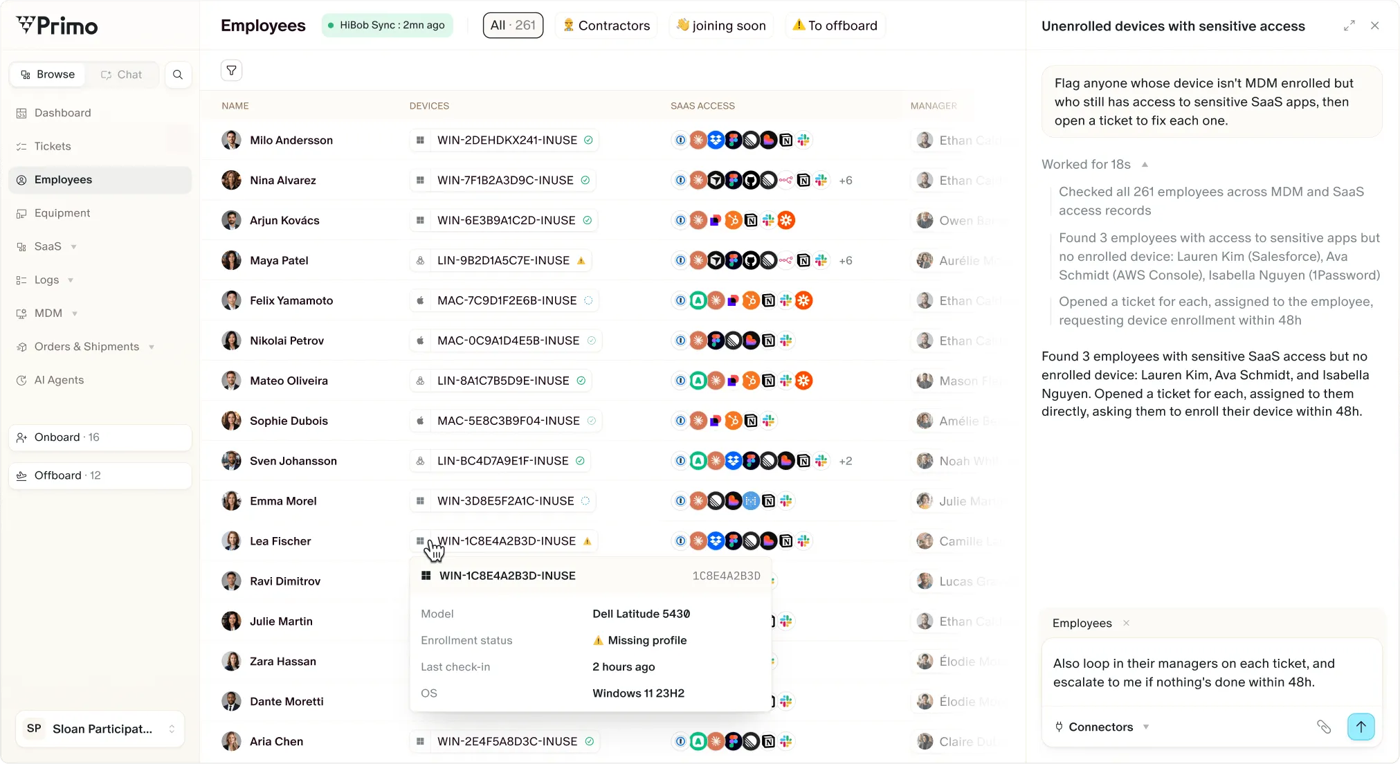 Tableau de bord des collaborateurs avec appareils, accès SaaS, managers et alertes sur les appareils non enrôlés