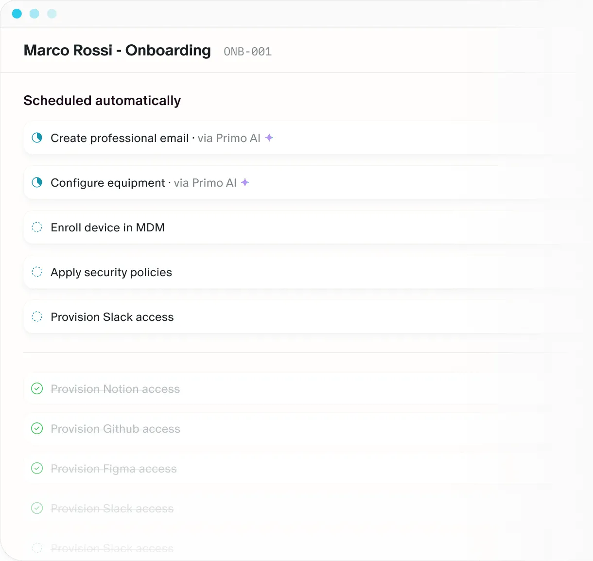 Liste de tâches d'onboarding pour Marco Rossi, certaines planifiées automatiquement, d'autres terminées