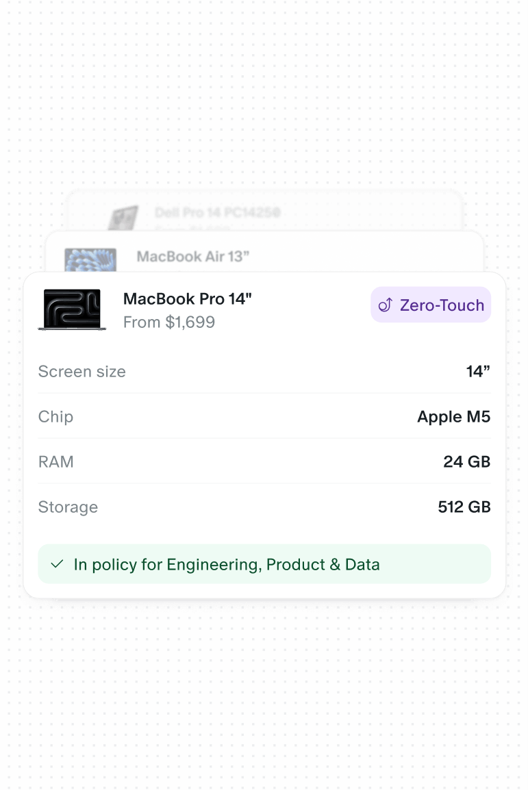 MacBook Pro 14" pricing and specs with 14-inch screen, Apple M5 chip, 24GB RAM, 512GB storage, Zero-Touch tag.