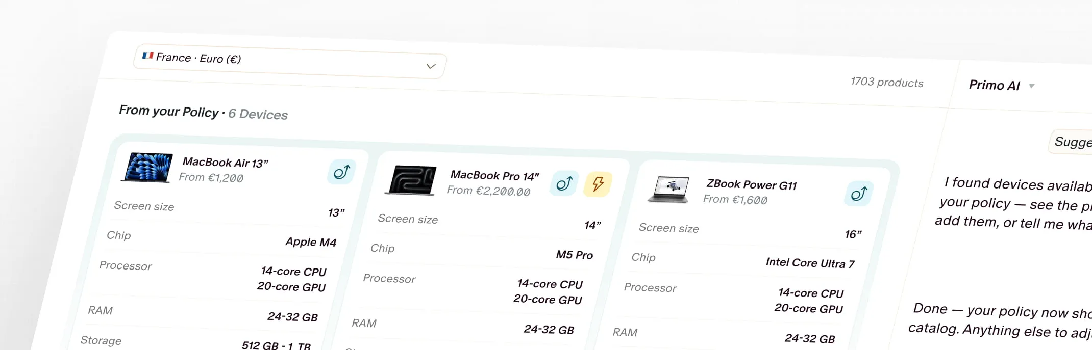 Comparatif des MacBook Air 13, MacBook Pro 14 et ZBook Power G11 avec caractéristiques et prix en euros
