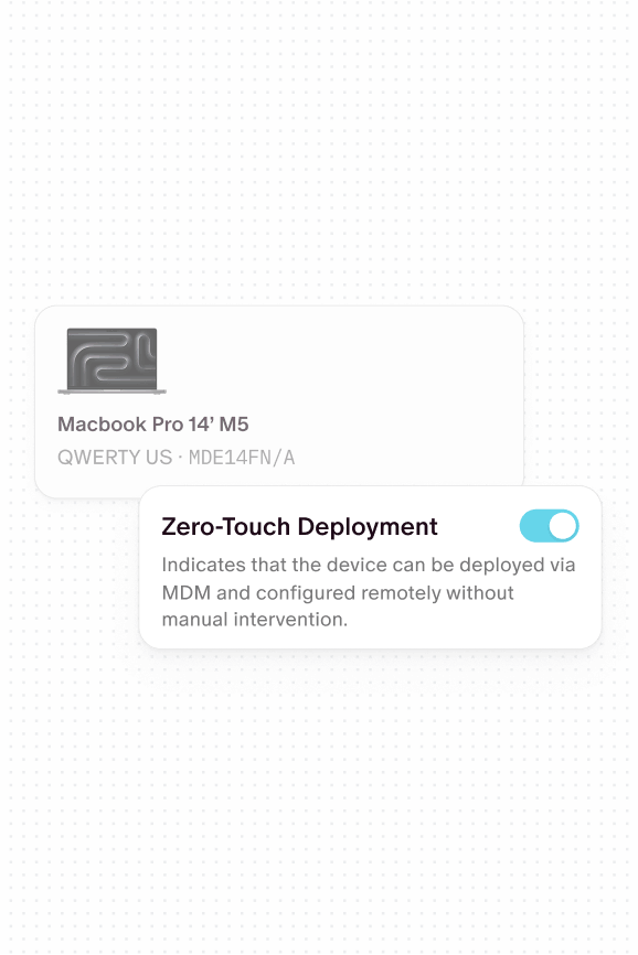 Option Zero-Touch Deployment activée sur la fiche d'un MacBook Pro 14 pouces M5