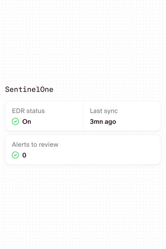 Carte SentinelOne : EDR activé, dernière synchro il y a 3 minutes, 0 alerte à traiter