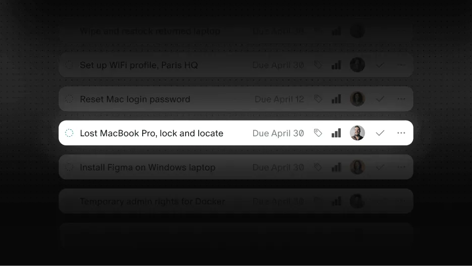 Task list with item: Lost MacBook Pro, lock and locate, due April 30, assigned to a man with beard.