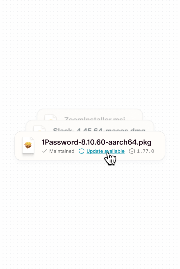 Carte du package 1Password avec une mise à jour disponible, version 1.77.0