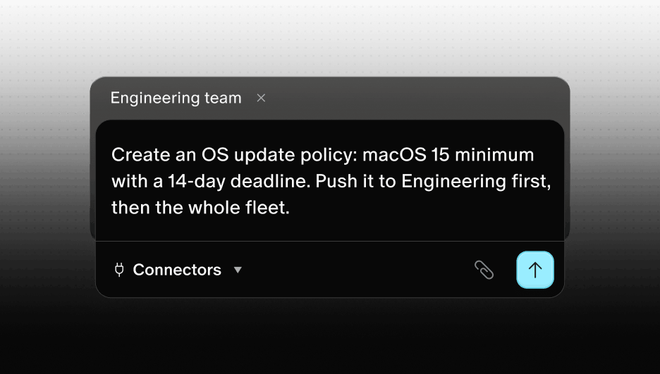 Message from Engineering team about creating macOS 15 update policy with a 14-day deadline for fleet rollout.