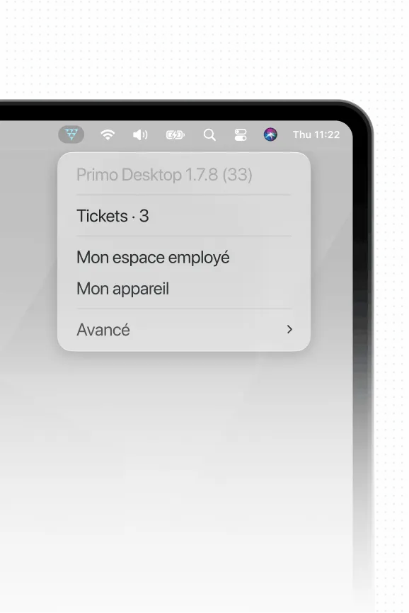 Menu Primo Desktop 1.7.8 avec 3 tickets, espace collaborateur, appareil et options avancées