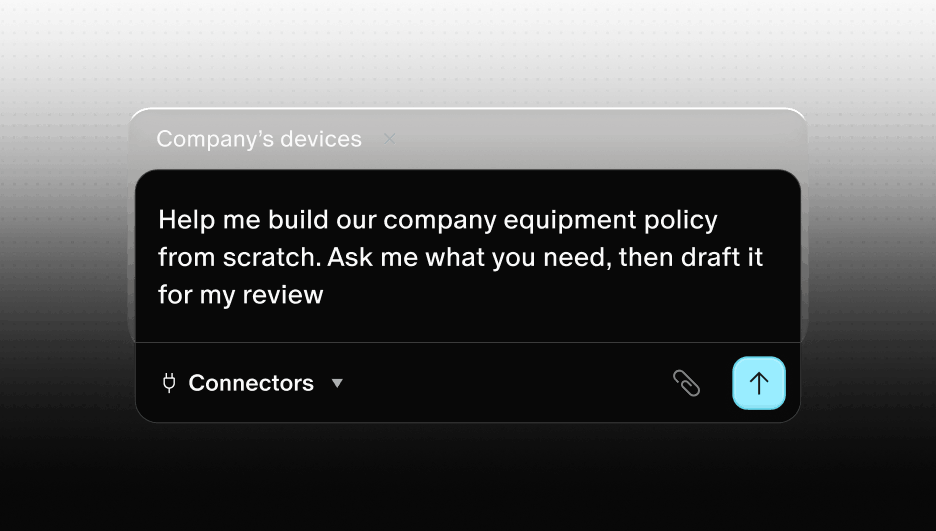 Chat interface showing a request to build a company equipment policy from scratch for review.