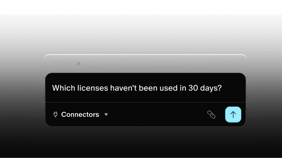 Dark interface window asking which licenses haven't been used in 30 days with connectors dropdown.