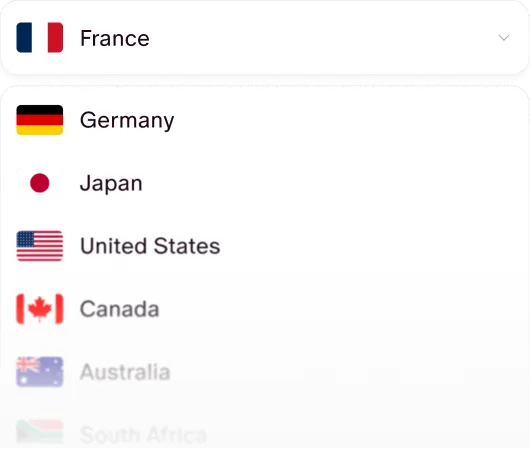 Dropdown menu with country names and flags: France, Germany, Japan, United States, Canada.
