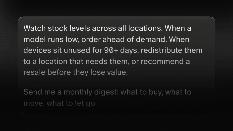 Text about managing stock levels, redistributing unused devices after 90+ days, and ordering ahead of demand.