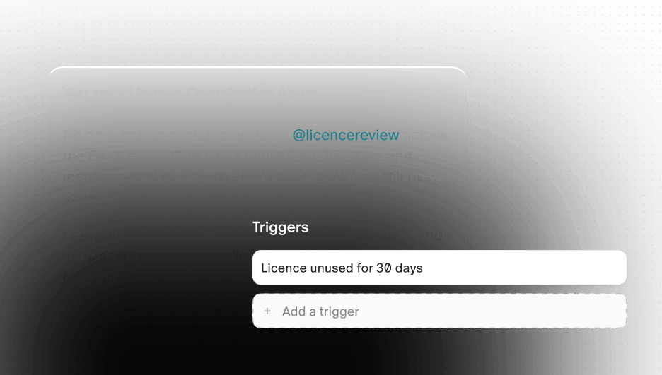 Interface showing a License Optimization Agent task with a trigger for licenses unused for 30 days.