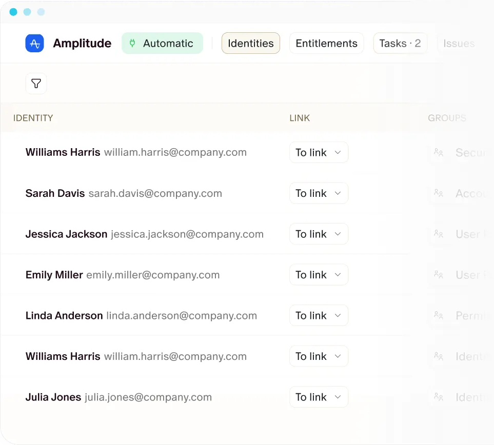 User list from Amplitude dashboard showing names, emails, and link dropdowns for account linking.