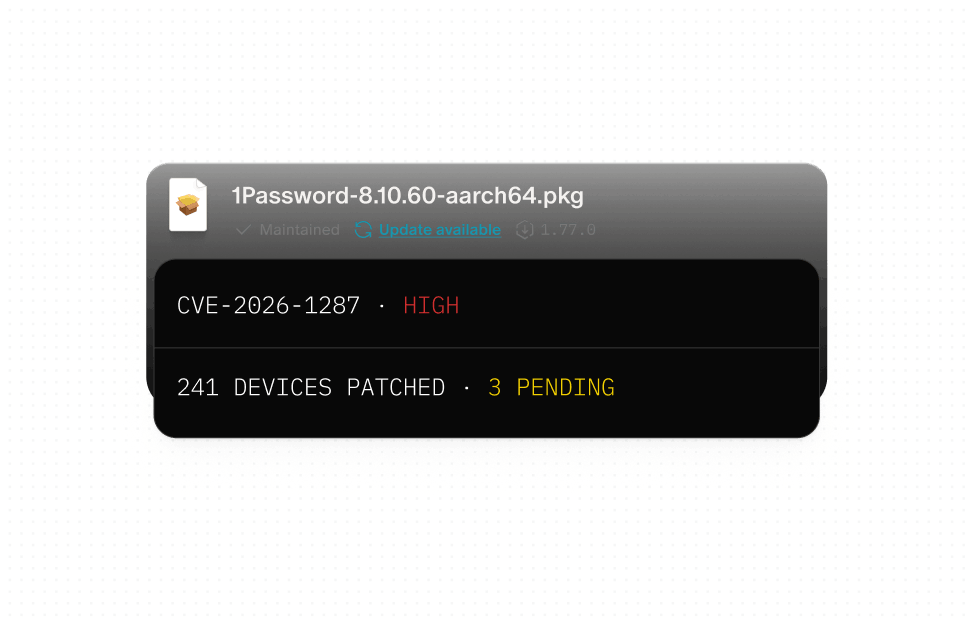 Panneau de mise à jour du package 1Password 8.10.60 avec une CVE critique et 3 correctifs en attente sur 244 appareils
