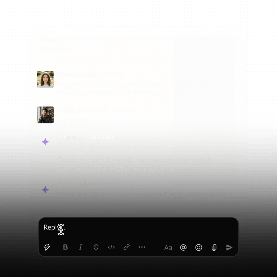 Conversation où des collaborateurs signalent un problème de connexion SSO à Figma et où l'IA rétablit l'accès