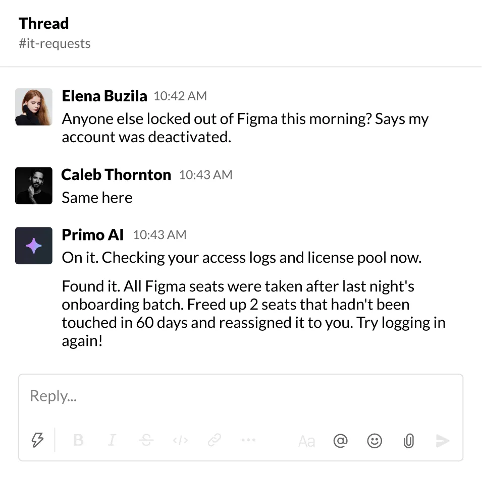 Slack thread where Primo AI restores an employee's Figma access