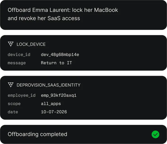 Étapes d'offboarding automatisées dans Primo : verrouillage de l'appareil et révocation des accès SaaS
