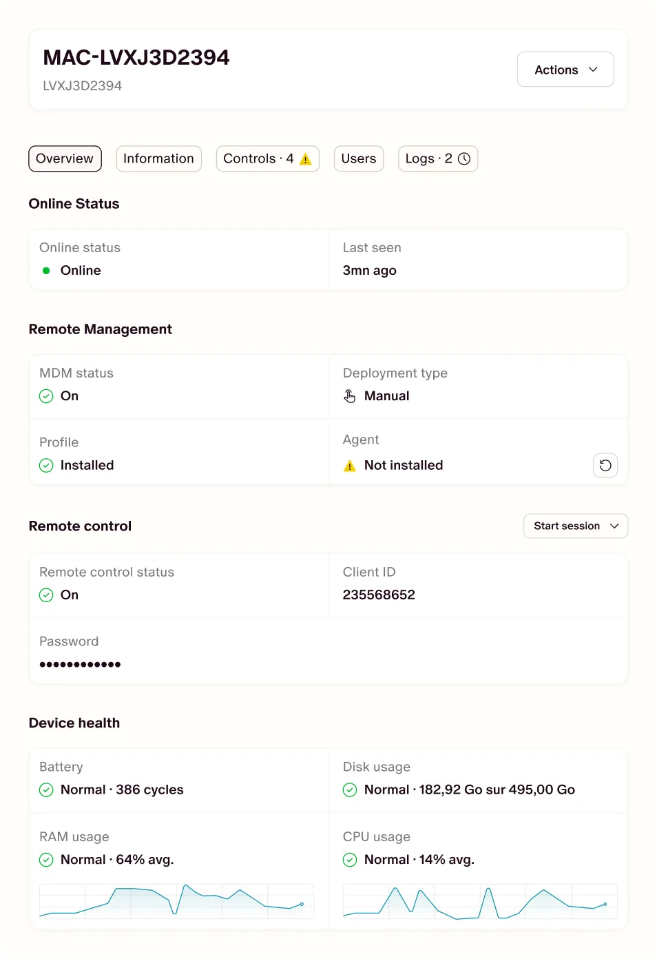 Primo device detail page with status, remote actions and health metrics