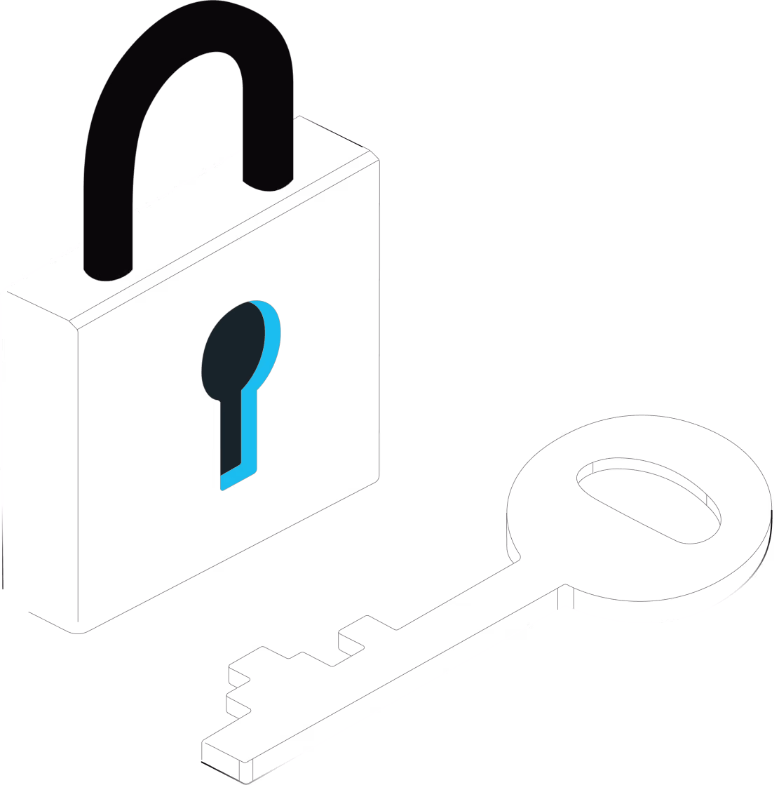Illustration isométrique d'un cadenas et d'une clé pour l'authentification multifacteur