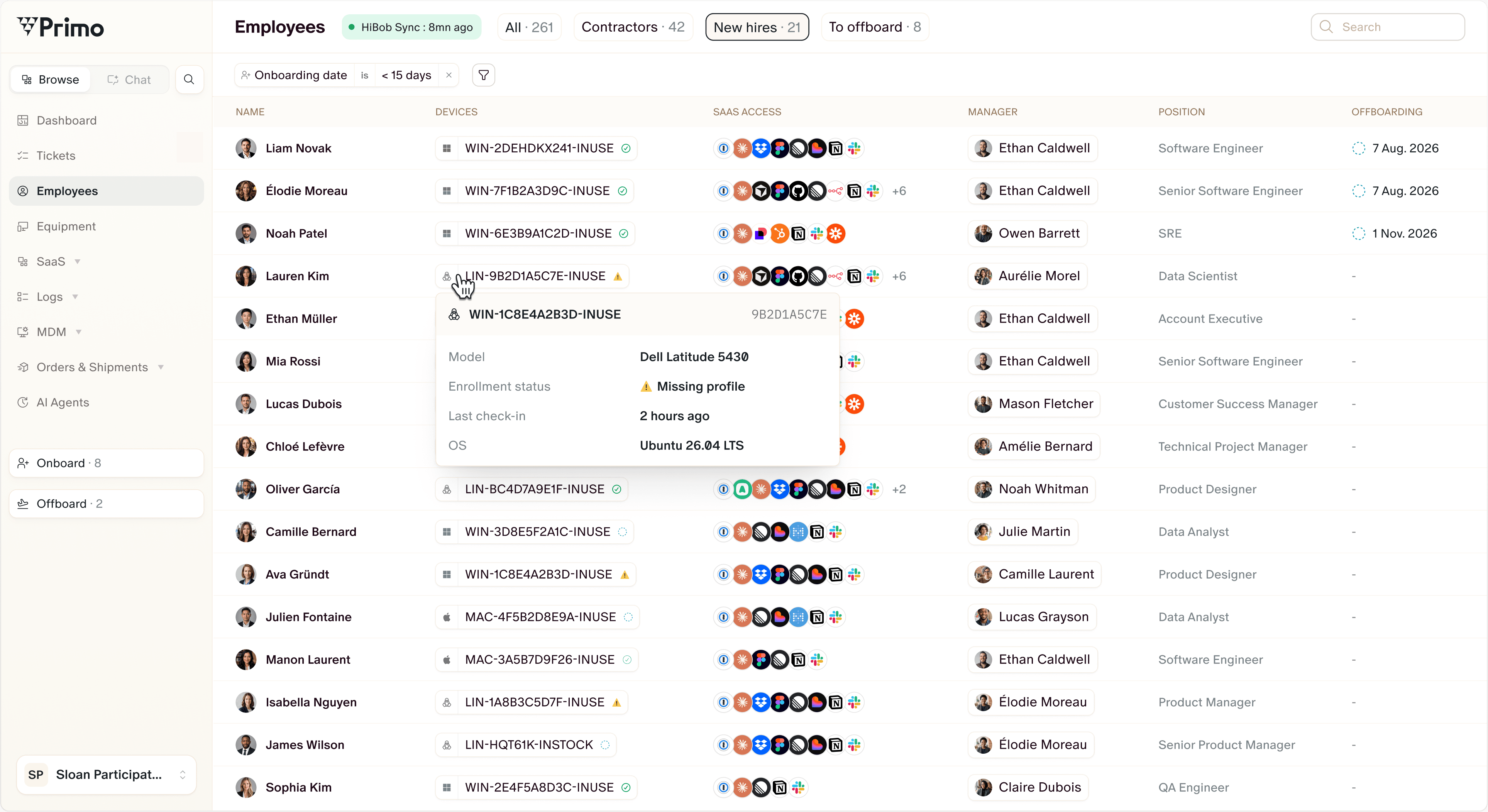 Primo MDM dashboard listing employees and their devices