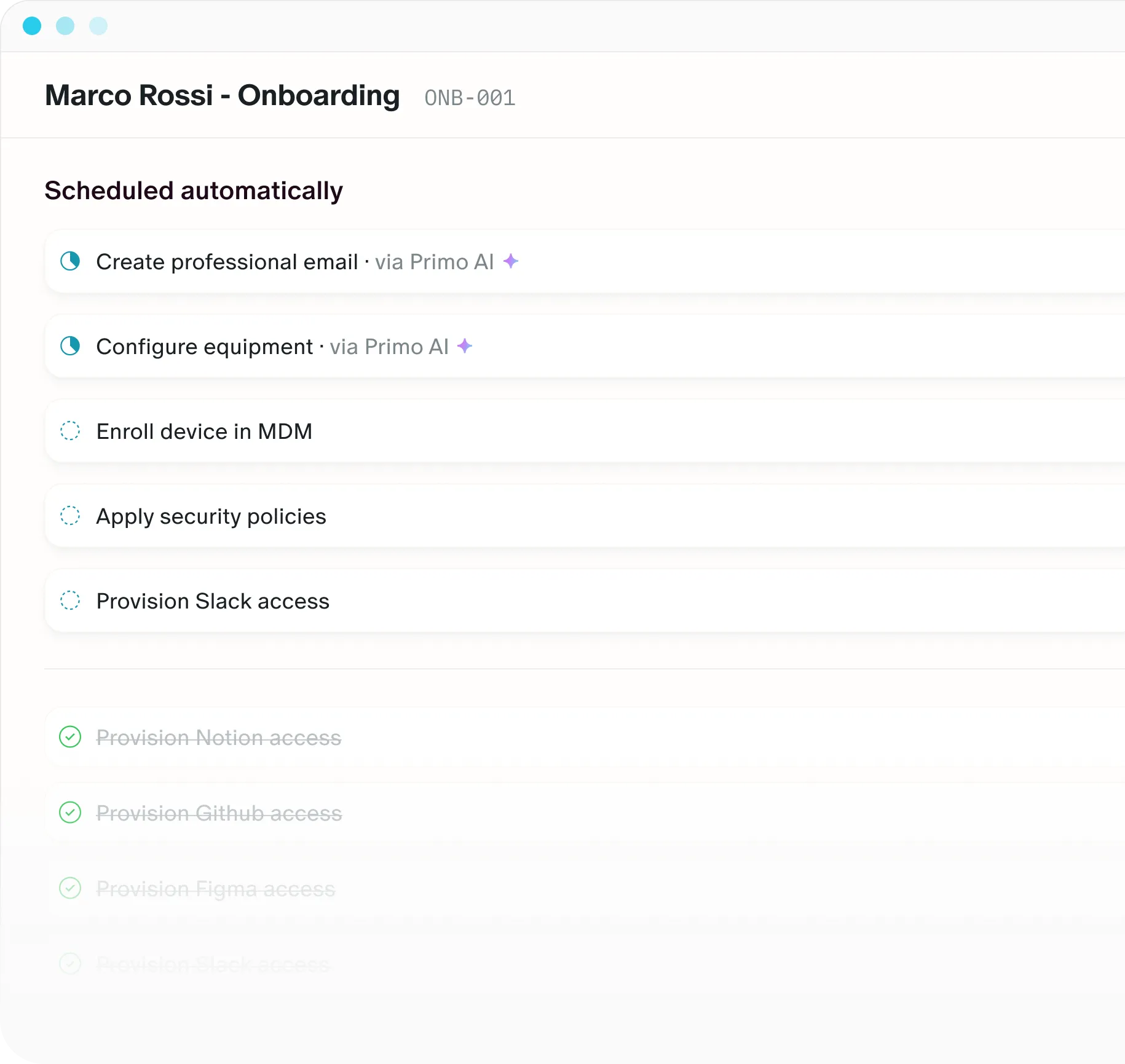 Automated onboarding task list for a new hire in Primo