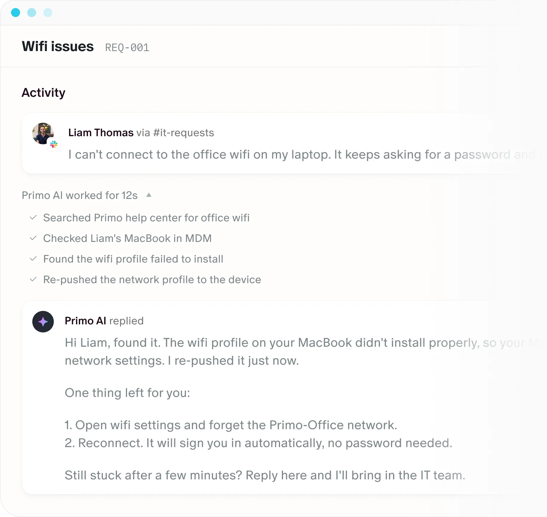 Primo AI resolving a Wi-Fi issue on an employee's MacBook