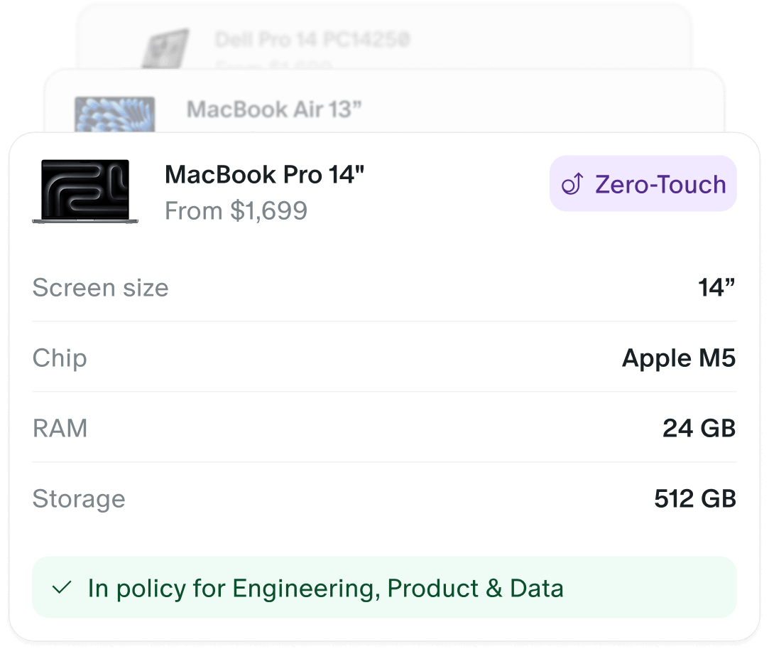 MacBook Pro 14" catalog card with Zero-Touch, in policy for Engineering, Product and Data