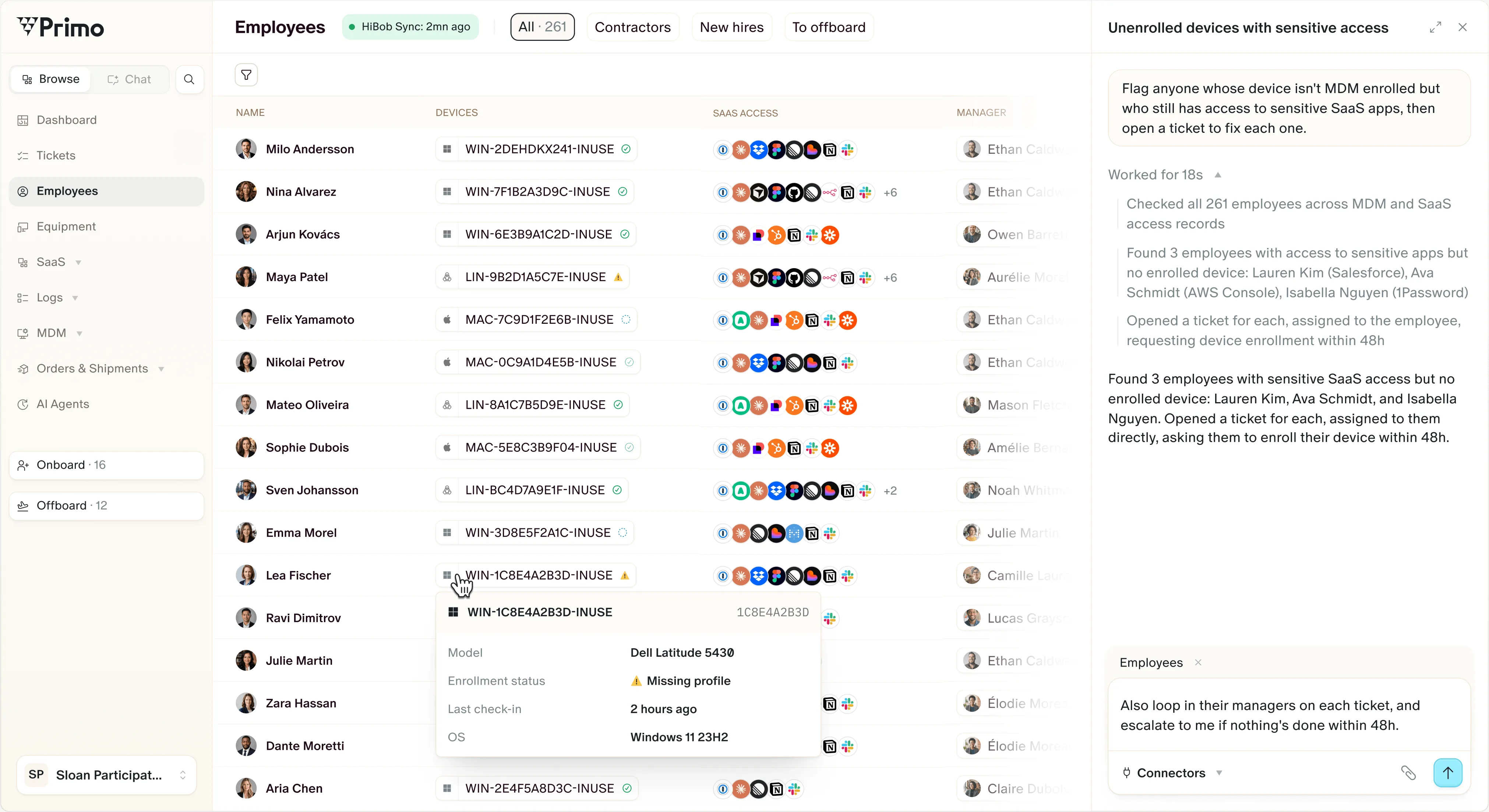 Primo dashboard listing employees with their devices and SaaS access