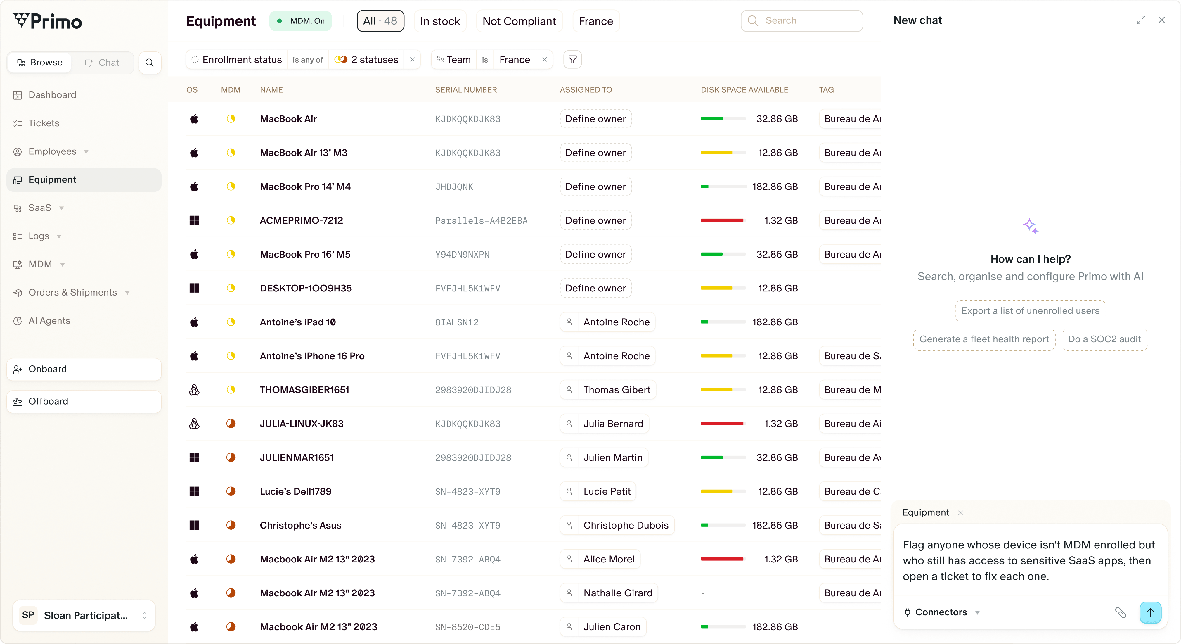 Tableau de bord Primo listant les appareils de l'entreprise et leur statut