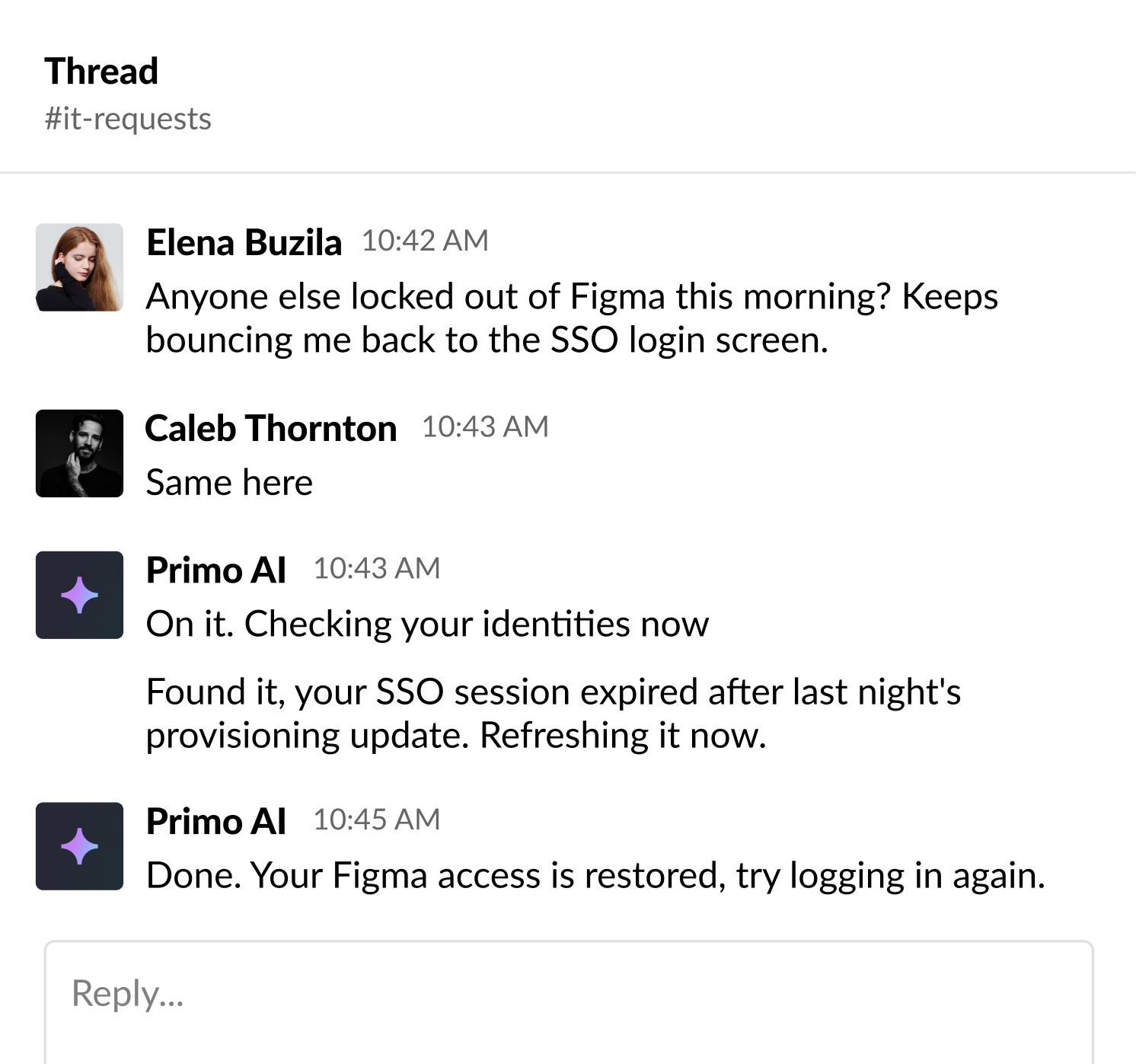 Fil Slack où Primo AI rétablit l'accès Figma des collaborateurs